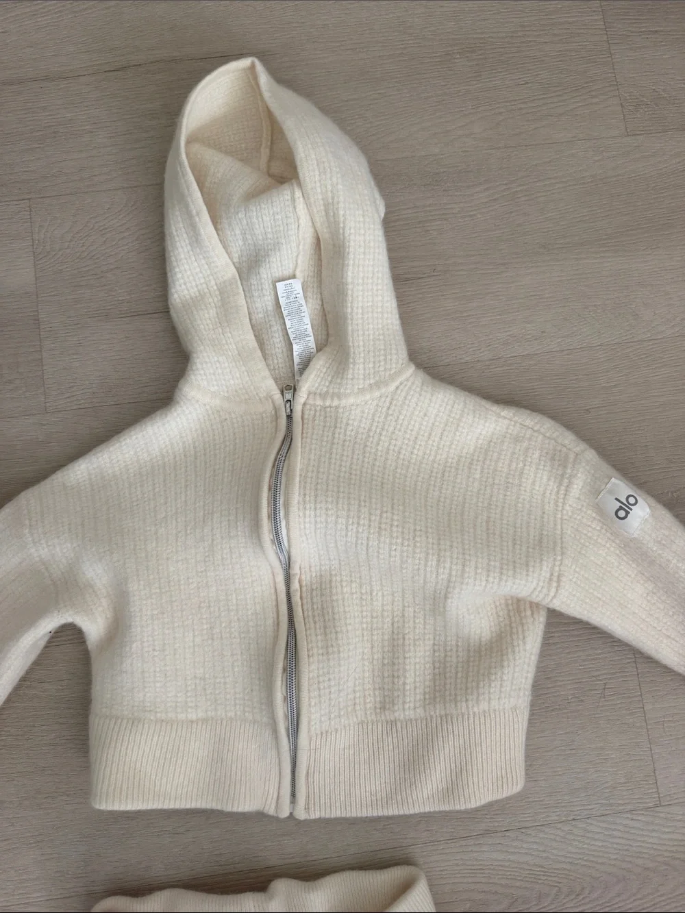 Alo Yoga Ivory 100% Wool Knit Zip Hoodie & Flare Pant Lounge Set XXS